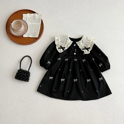 Baby Girls Goth Long Sleeve Bow Embroidered Sisters Romper / Dress