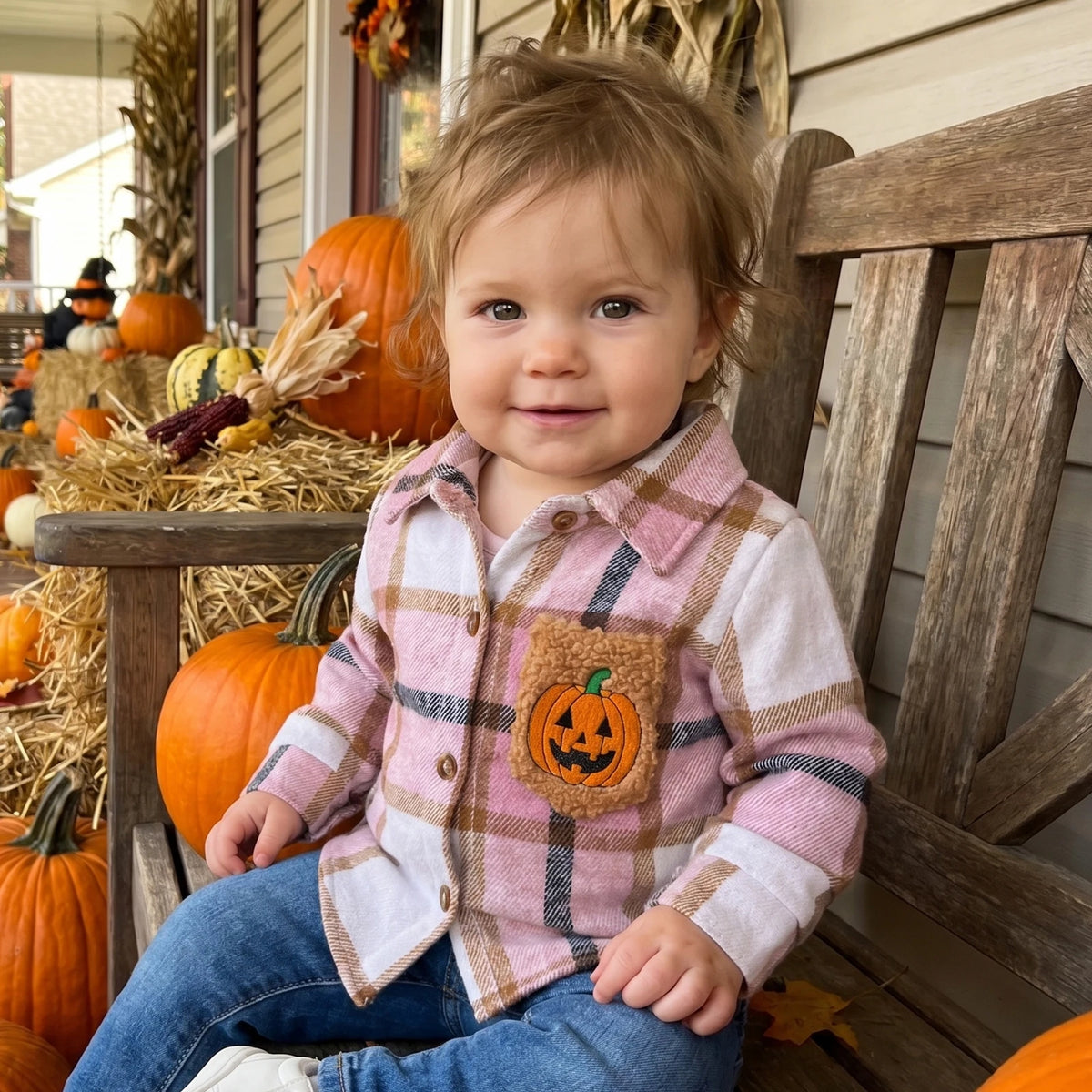 Toddler Girls Lightweight Plaid Flannel with Embroidered Pumpkin