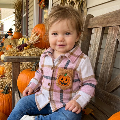 Toddler Girls Lightweight Plaid Flannel with Embroidered Pumpkin