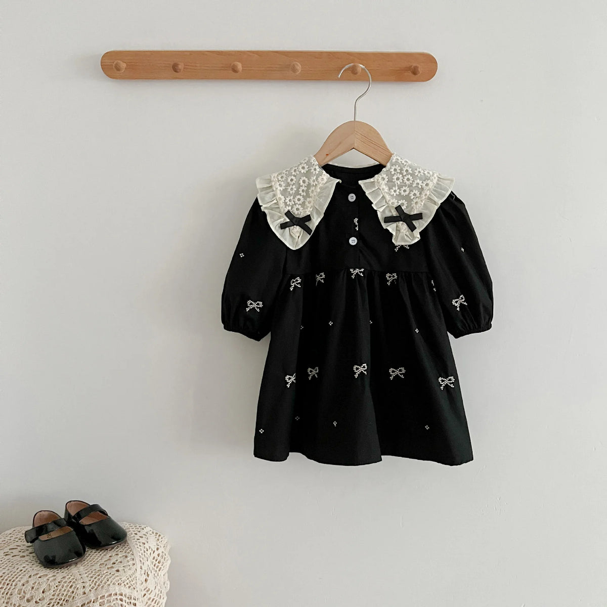 Baby Girls Goth Long Sleeve Bow Embroidered Sisters Romper / Dress