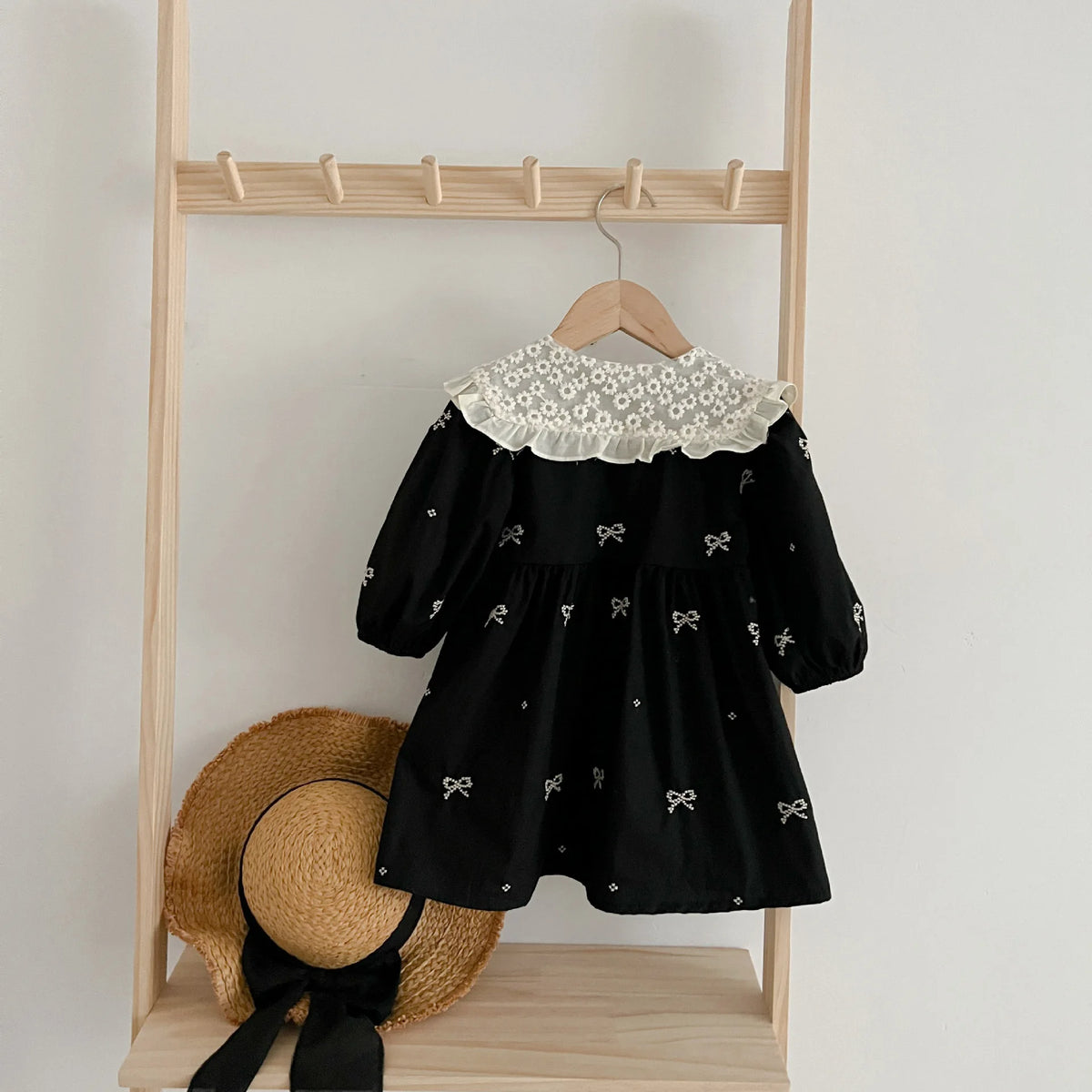 Baby Girls Goth Long Sleeve Bow Embroidered Sisters Romper / Dress