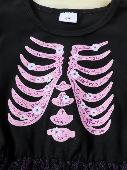 Halloween Girls Purple Skeleton Mesh Party Dress