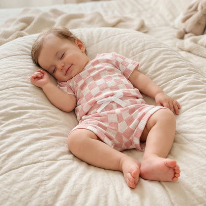 Baby Girl Checkered Print Short Sleeve Waffle Tops with Shorts 2Pcs Set