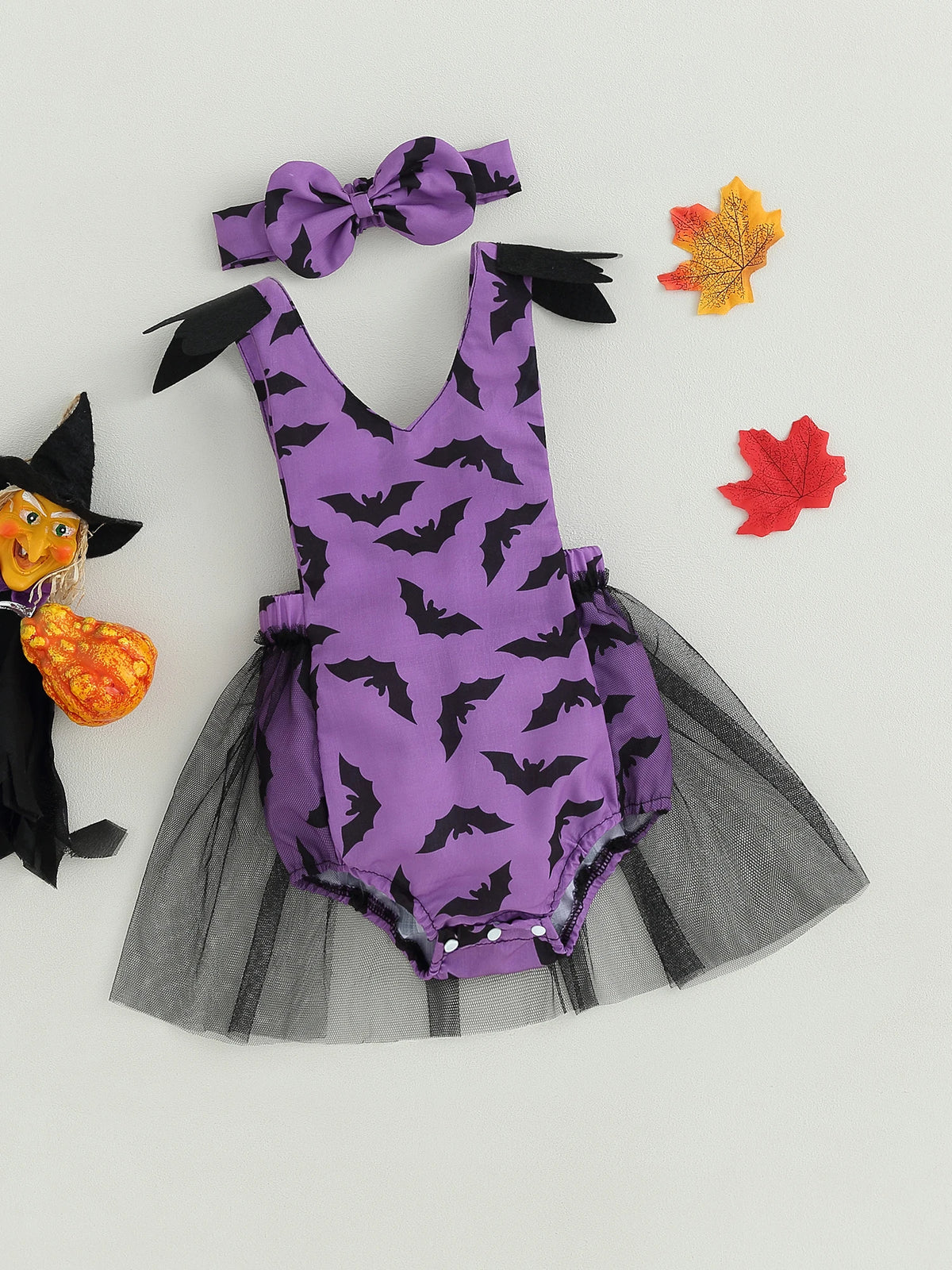 Halloween Baby Girl Bat Print Mesh Romper 2 Piece Outfit
