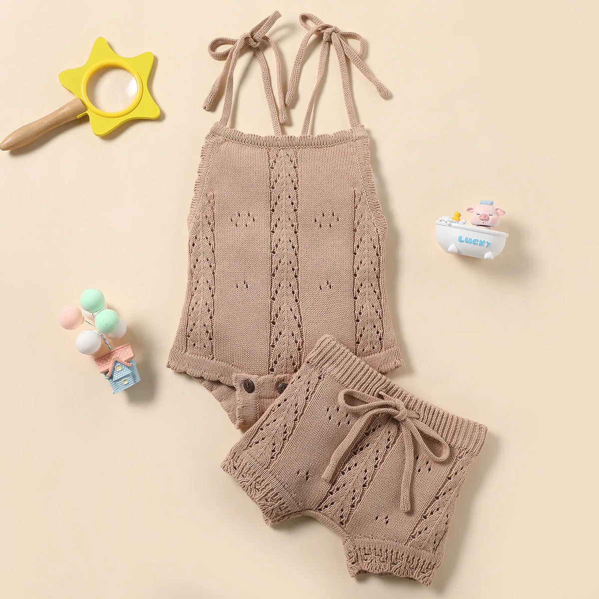 Baby Girls Summer Knitted Jumpsuit and Shorts 2 Piece Set