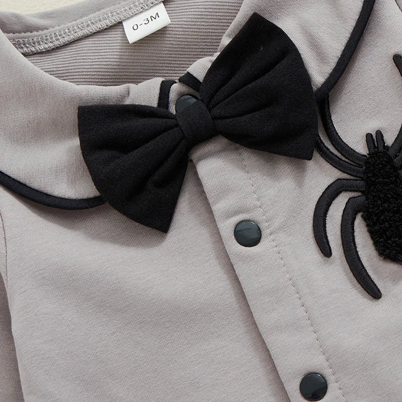 Halloween Baby Boy Pubert Addams Bow Tie and Spider Long Sleeve Jumpsuit