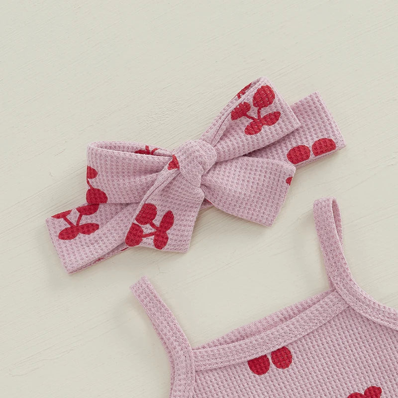 Baby Girl Waffle Knit Cherry Print Summer Onesie, Shorts and Headband 3 PC Set