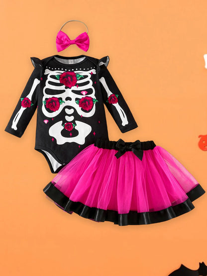 Halloween Baby Girl Skeleton Rose Print Long Sleeve Romper, Tulle Skirt and Matching Bow Headband 3 Pcs Set