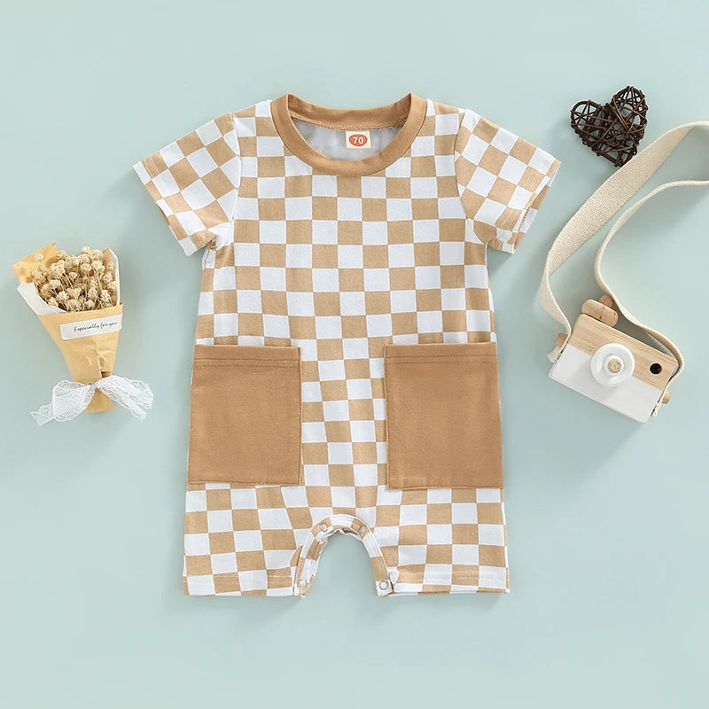 Baby Boy Lightweight Short Sleeve Checkered Print Jumpsuit