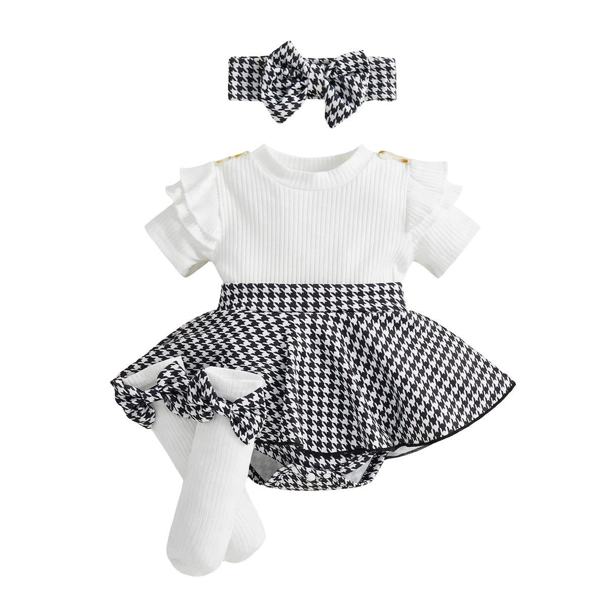 Baby Girls Houndstooth Ribbed Romper Dress with Matching Headband and Knee High 3 PC Set