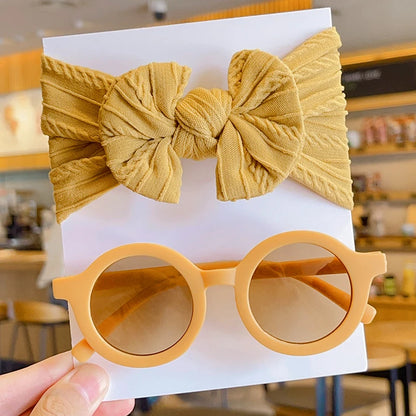 2 PC Cotton Bowknot Wide Hairband and Round Sunglasses Set Baby Girls