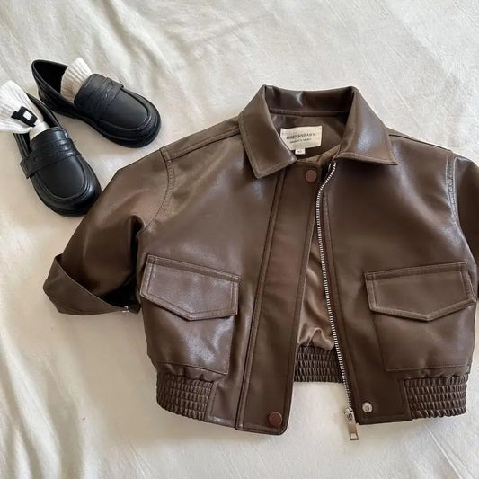 Toddler Boy Brown Lapel Collar PU Leather Jacket
