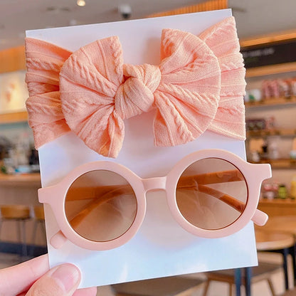 2 PC Cotton Bowknot Wide Hairband and Round Sunglasses Set Baby Girls
