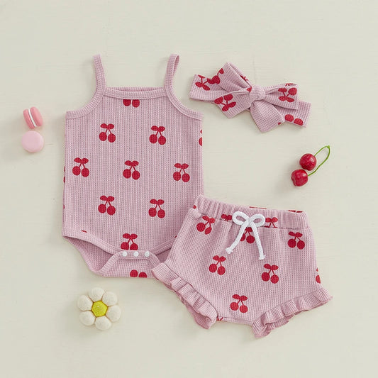 Baby Girl Waffle Knit Cherry Print Summer Onesie, Shorts and Headband 3 PC Set