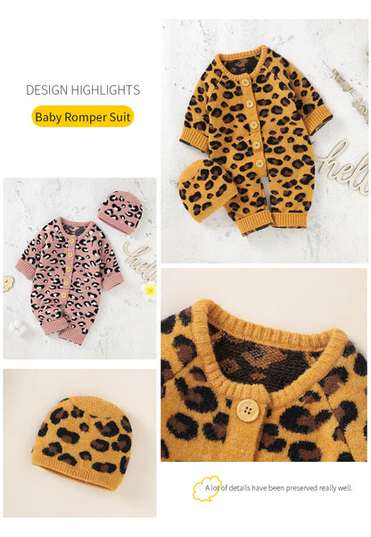 Baby Girl Leopard Knitted Long Sleeve 2 PC Jumpsuit with Matching Hat