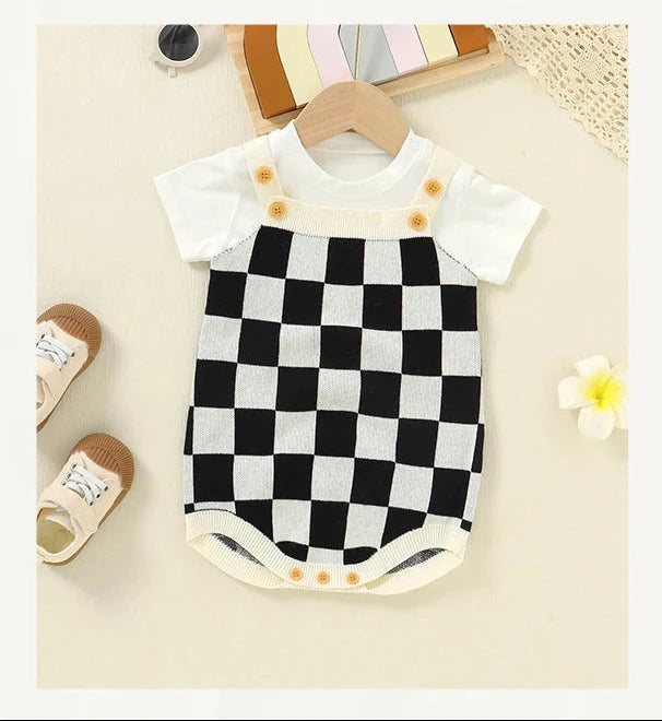 Baby Checkered Print Knitted Overall Sleeveless Onesie