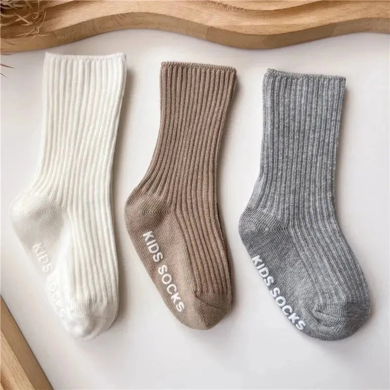 Baby / Toddler Unisex Three Pair Lot Cotton Ribbed Soft Non-Slip Rubber Grip Socks