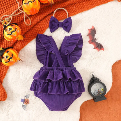 Baby Girl Halloween Corduroy Jumpsuit with matching  Headband