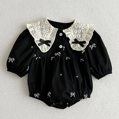 Baby Girls Goth Long Sleeve Bow Embroidered Sisters Romper / Dress