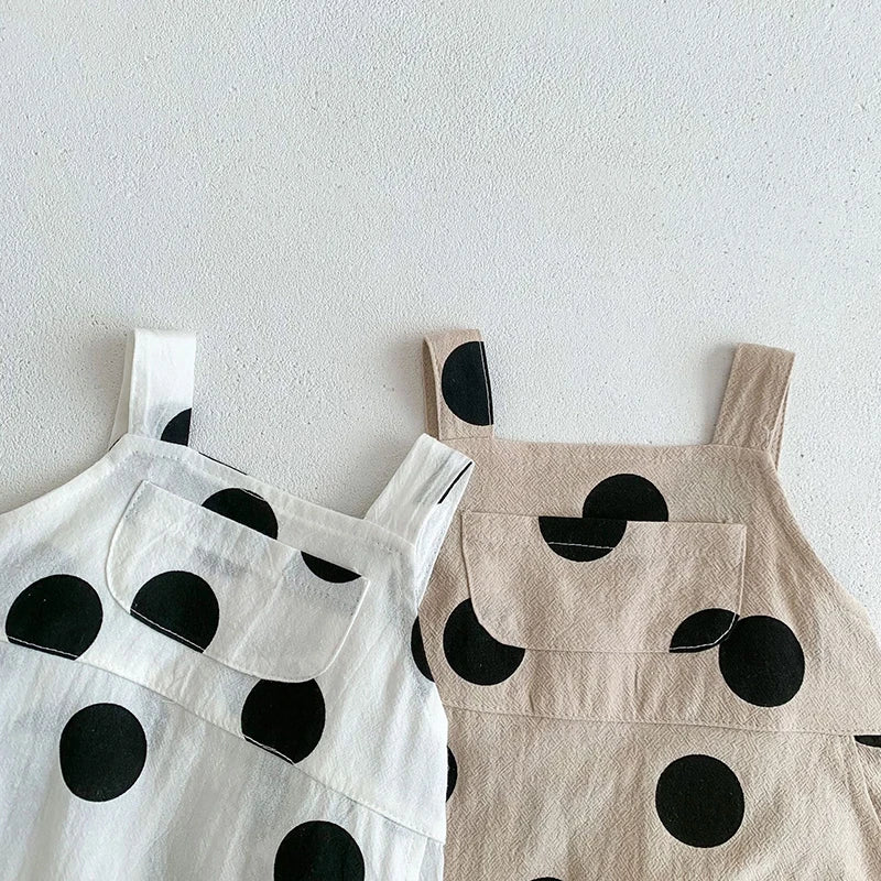 Baby Two Piece Summer Large Polk-A-Dot Overalls Romper With Matching Sun Hat Set