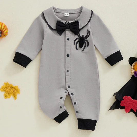 Halloween Baby Boy Pubert Addams Bow Tie and Spider Long Sleeve Jumpsuit