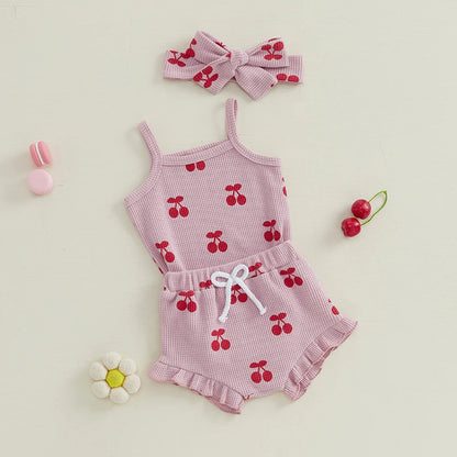 Baby Girl Waffle Knit Cherry Print Summer Onesie, Shorts and Headband 3 PC Set