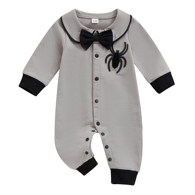 Halloween Baby Boy Pubert Addams Bow Tie and Spider Long Sleeve Jumpsuit