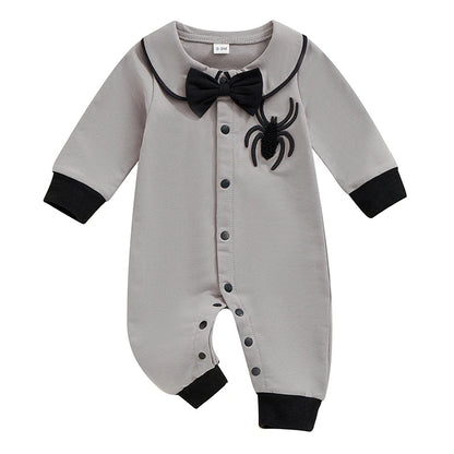 Halloween Baby Boy Pubert Addams Bow Tie and Spider Long Sleeve Jumpsuit