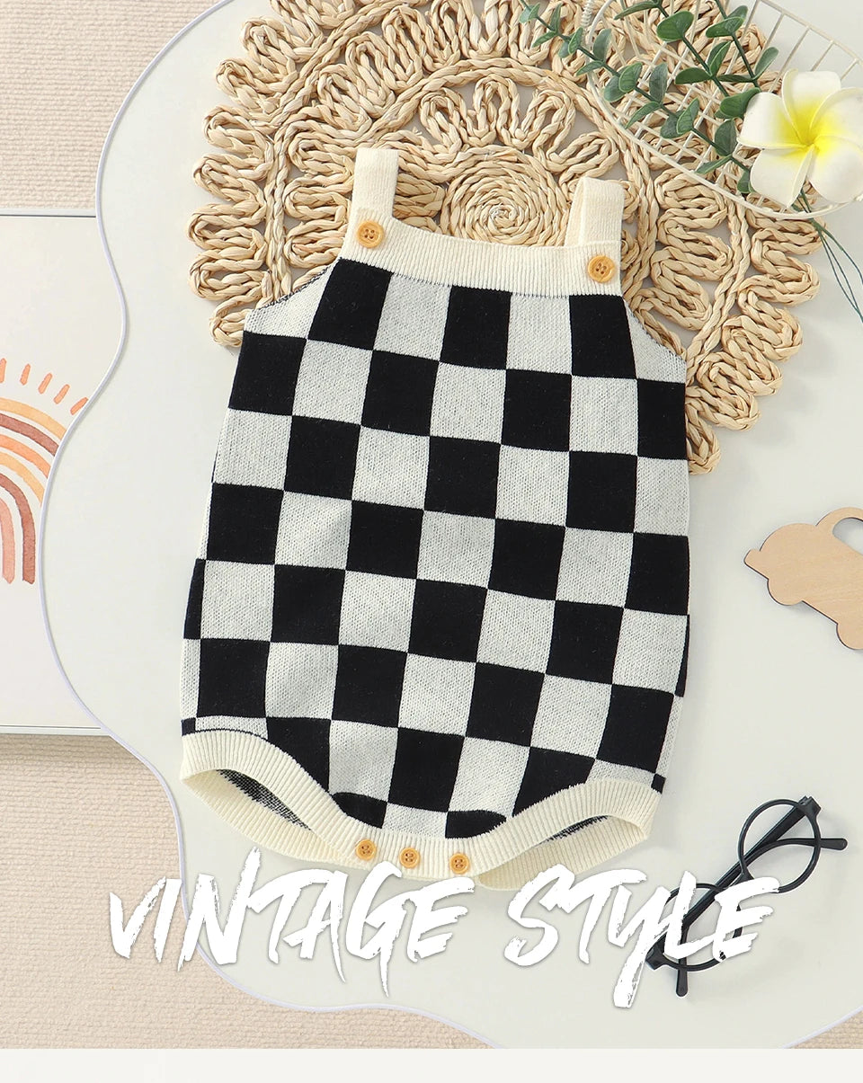 Baby Checkered Print Knitted Overall Sleeveless Onesie
