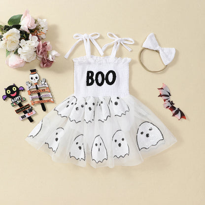 Halloween Infant Baby Girl Sequin Ghosts Jumpsuit w/ Tulle Skirt and Matching Bow Headband
