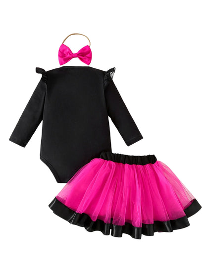 Halloween Baby Girl Skeleton Rose Print Long Sleeve Romper, Tulle Skirt and Matching Bow Headband 3 Pcs Set