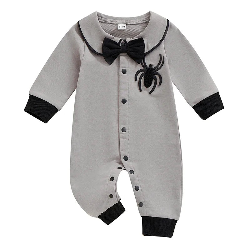 Halloween Baby Boy Pubert Addams Bow Tie and Spider Long Sleeve Jumpsuit