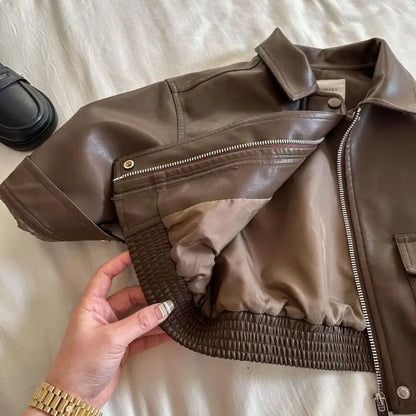 Toddler Boy Brown Lapel Collar PU Leather Jacket