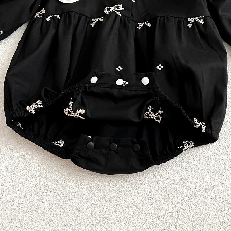 Baby Girls Goth Long Sleeve Bow Embroidered Sisters Romper / Dress
