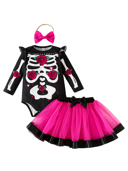 Halloween Baby Girl Skeleton Rose Print Long Sleeve Romper, Tulle Skirt and Matching Bow Headband 3 Pcs Set