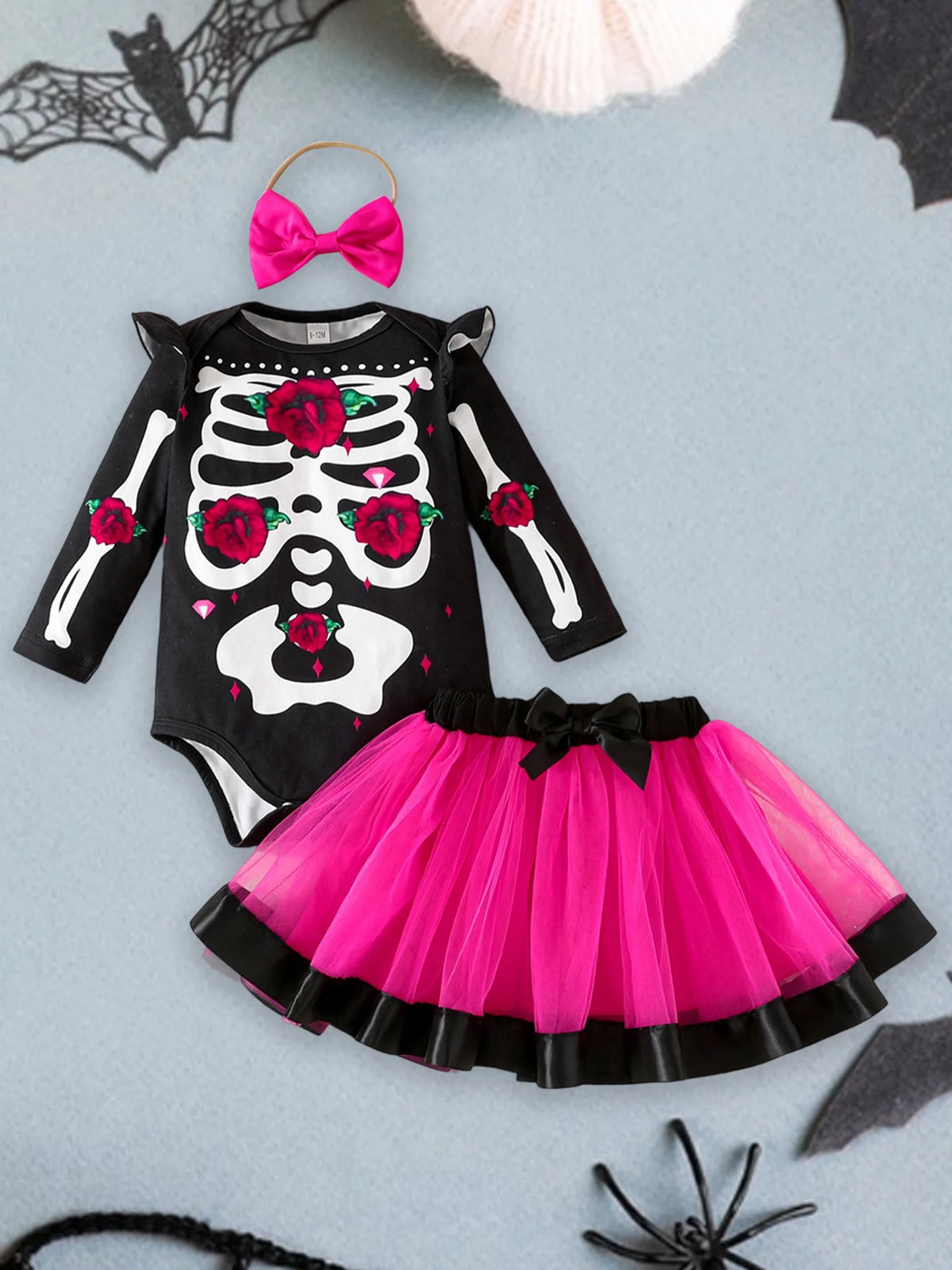Halloween Baby Girl Skeleton Rose Print Long Sleeve Romper, Tulle Skirt and Matching Bow Headband 3 Pcs Set