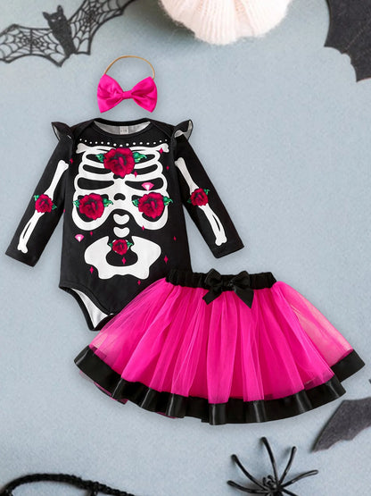 Halloween Baby Girl Skeleton Rose Print Long Sleeve Romper, Tulle Skirt and Matching Bow Headband 3 Pcs Set