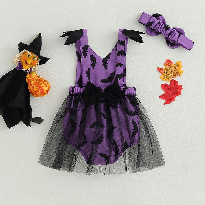 Halloween Baby Girl Bat Print Mesh Romper 2 Piece Outfit