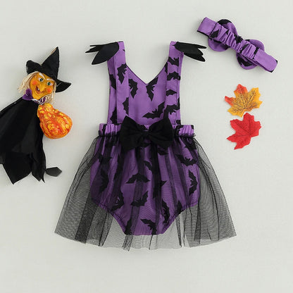 Halloween Baby Girl Bat Print Mesh Romper 2 Piece Outfit