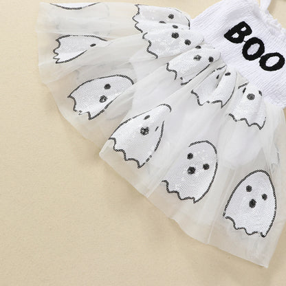 Halloween Infant Baby Girl Sequin Ghosts Jumpsuit w/ Tulle Skirt and Matching Bow Headband