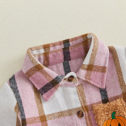 Toddler Girls Lightweight Plaid Flannel with Embroidered Pumpkin