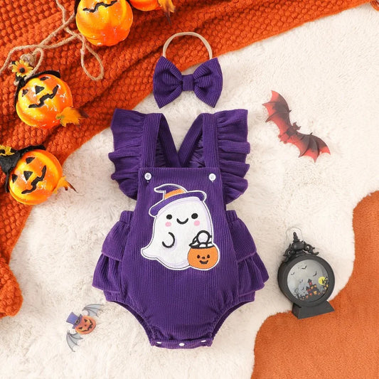 Baby Girl Halloween Corduroy Jumpsuit with matching  Headband