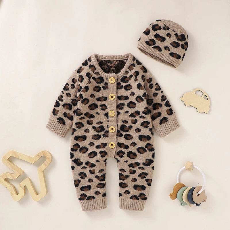 Baby Girl Leopard Knitted Long Sleeve 2 PC Jumpsuit with Matching Hat