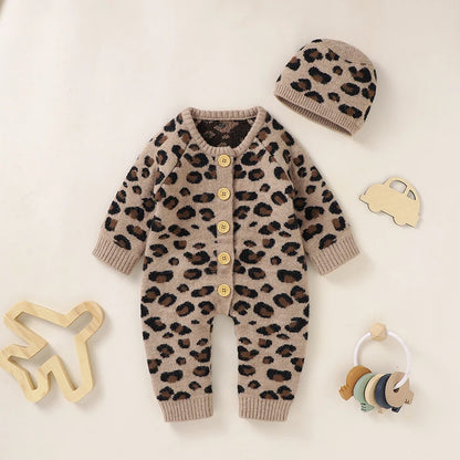 Baby Girl Leopard Knitted Long Sleeve 2 PC Jumpsuit with Matching Hat