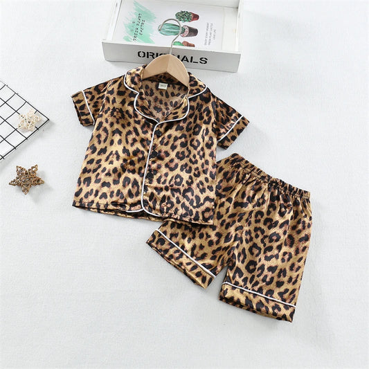 Girls / Toddler Leopard Print Satin 2 Piece Shorts Set Pajamas