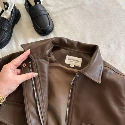 Toddler Boy Brown Lapel Collar PU Leather Jacket