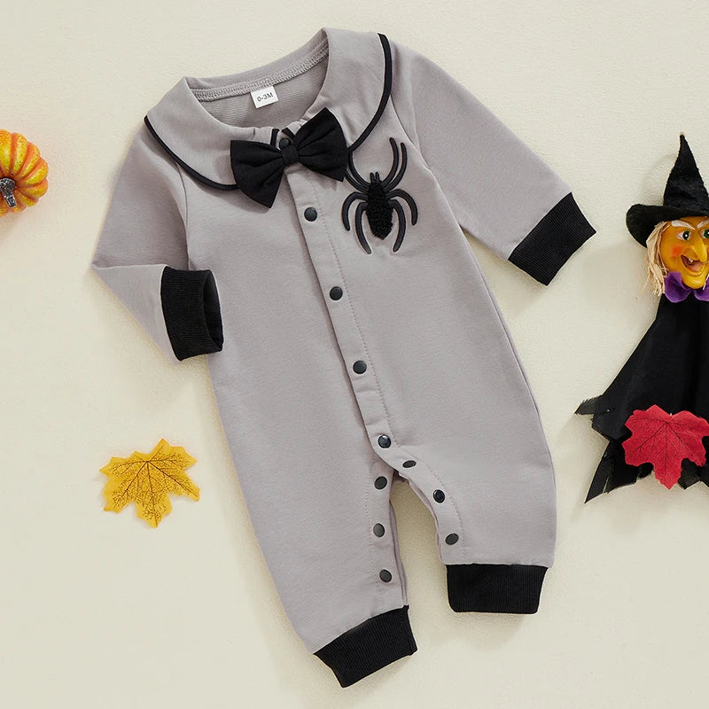 Halloween Baby Boy Pubert Addams Bow Tie and Spider Long Sleeve Jumpsuit