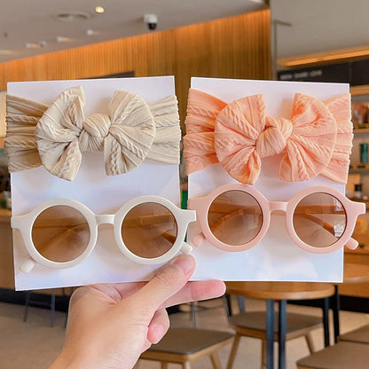 2 PC Cotton Bowknot Wide Hairband and Round Sunglasses Set Baby Girls
