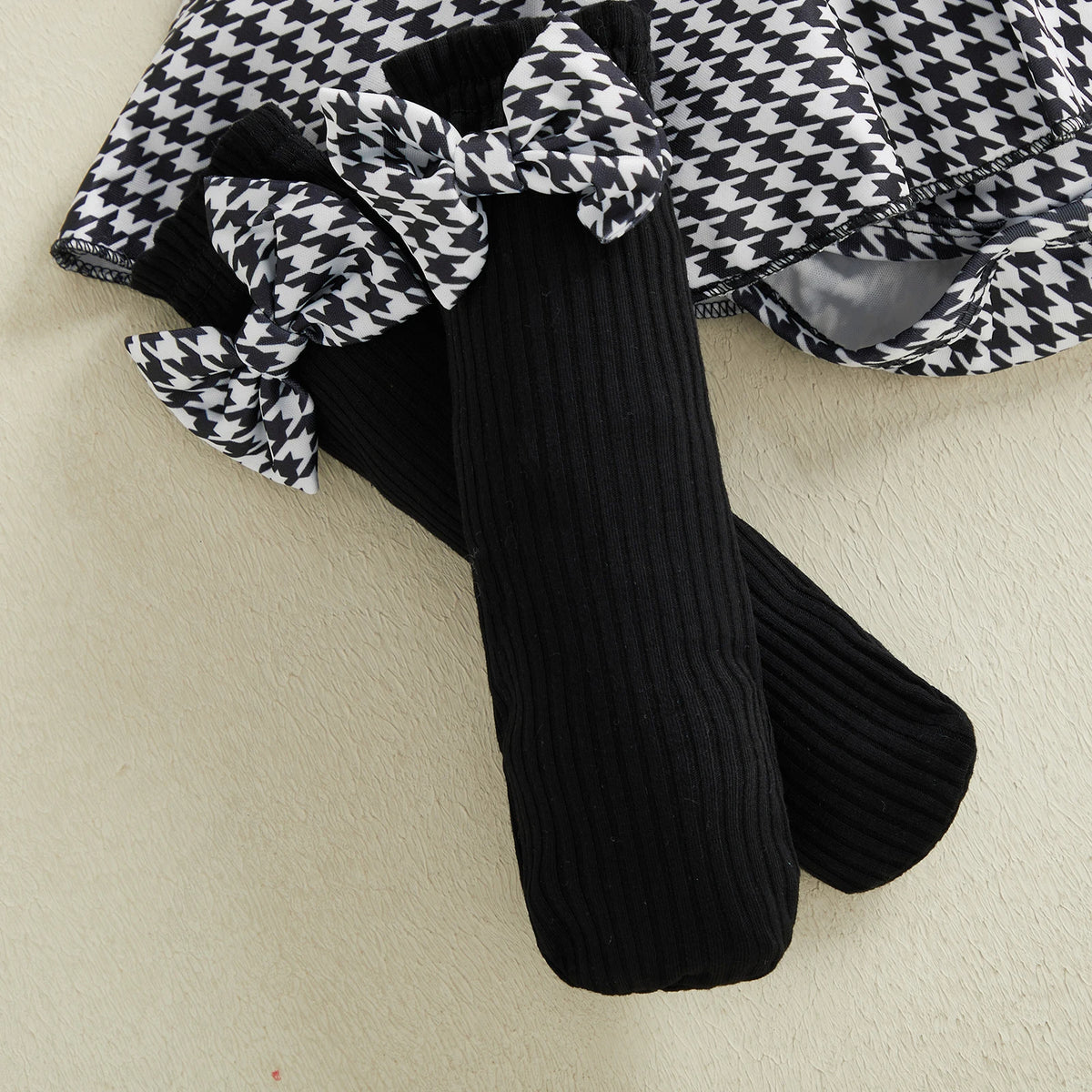 Baby Girls Houndstooth Ribbed Romper Dress with Matching Headband and Knee High 3 PC Set