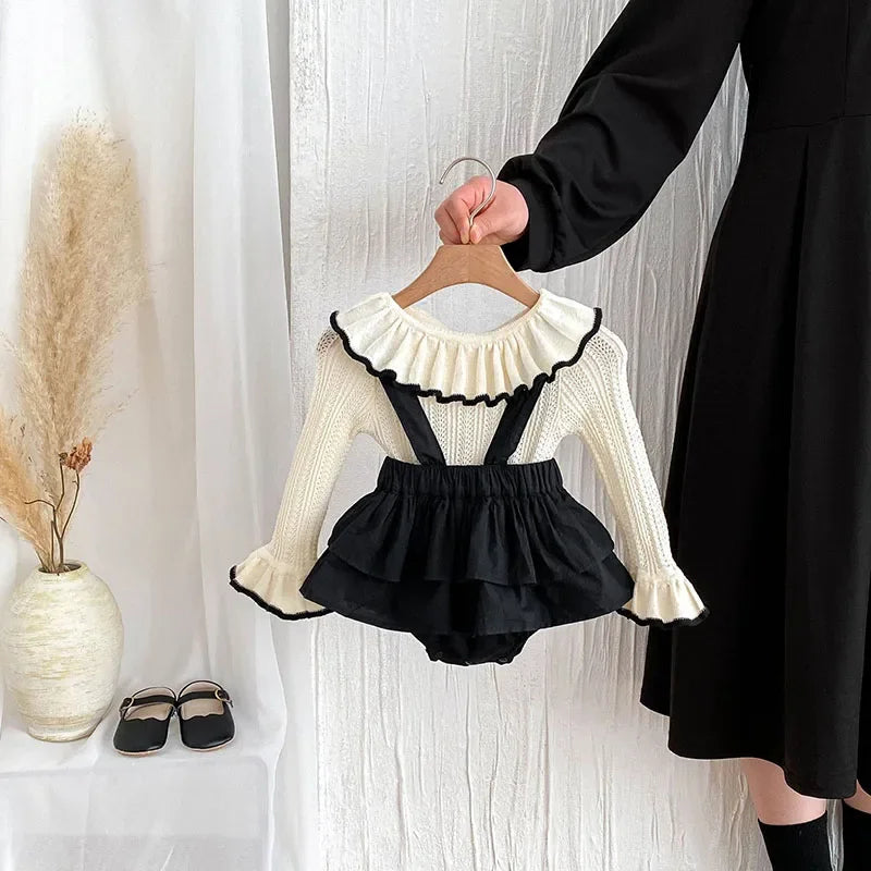 Baby Girl Knitted Lotus Leaf Collar Blouse and Ruffle Overalls Skirt 2PC Set